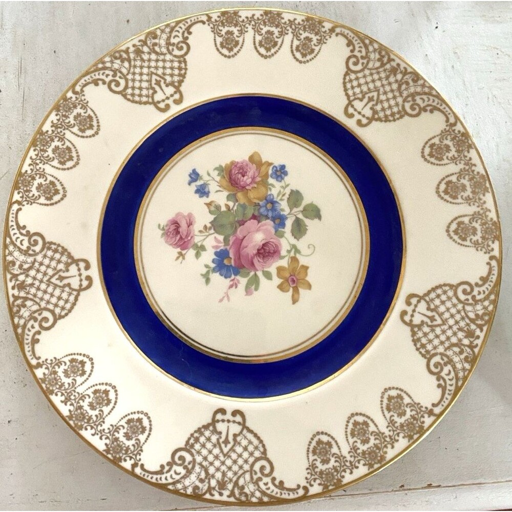Translucent China Dinner Plate Made In Usa Cobalt Gold 8 Piece Set 1940's-1960's